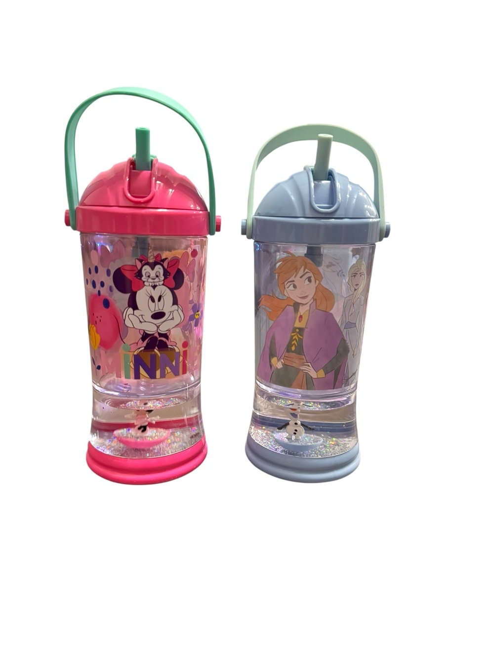 2 Disney Parks Minnie Mouse Pink & Frozen 2 Snow Globe Water Bottles with Straw